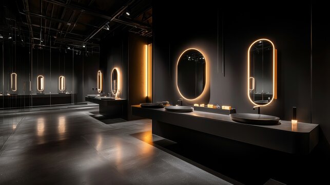 Hostel washroom style, multiple sinks, mirrors with task lighting on sleek countertop