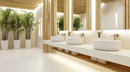 Hostel washroom with sustainable decor, water-efficient fixtures, bamboo shelving, natural stone tiles