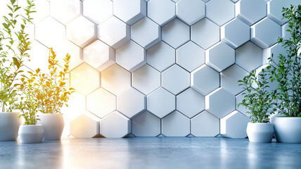 A modern wall featuring geometric 3D panels arranged in a hexagonal pattern, finished in matte...