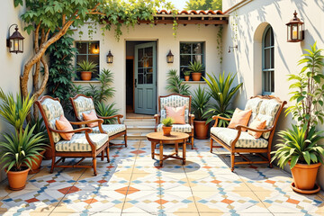 Mediterranean patio with many plants and wooden furniture enjoying the sun