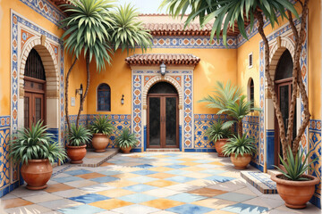 Elegant patio showcasing traditional moroccan architecture with ornate tiles and lush plants