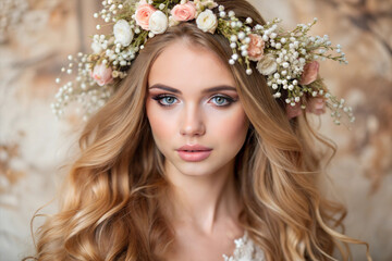 Naklejka premium Elegant Blonde Woman with Floral Hair Wreath