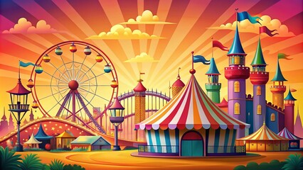 Fototapeta premium Carnival Funfair Attractions: Circus Tent, Roller Coaster, Castle, and Candy Cotton Cart in a Vibrant Summer Amusement Park Scene for Joyful Family Memories