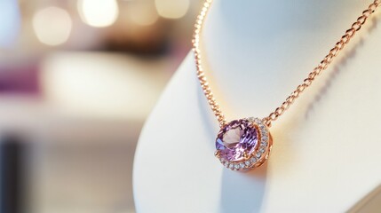 Fototapeta premium Elegant Necklace with Purple Gemstone and Rose Gold Chain Detail