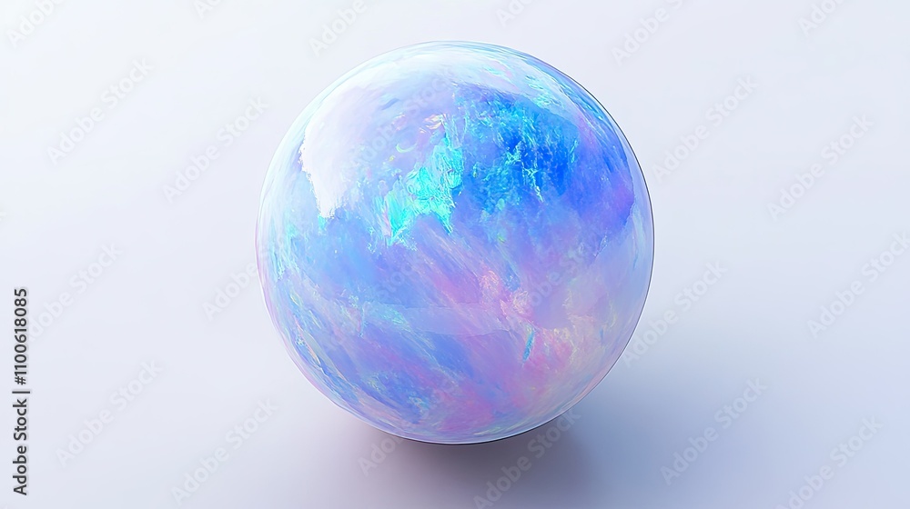 Poster shiny iridescent sphere with colorful hues on soft background
