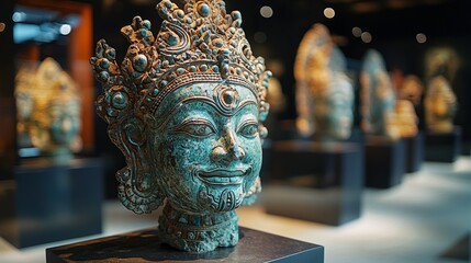 A close-up of a sacred artifact in a museum, detailed craftsmanship, rich history, museum lighting