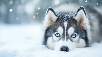 Naklejka premium A closeup shot capturing the warmth of a dog nestled in the snow, with a softly blurred winter landscape behind.