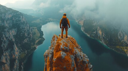 Drone footage of a BASE jumper leaping from a cliff, extreme sports, adrenaline rush, dynamic action
