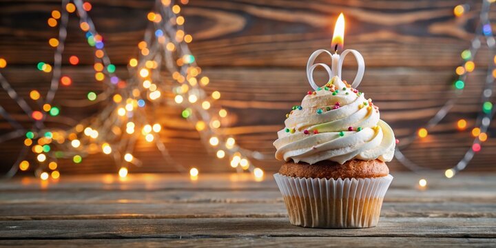 Celebratory 60th Birthday Cupcake with Whipped Cream, Sprinkles, Candles, and Number 60 on a Rustic Wooden Background Surrounded by Glowing Lights for a Festive Atmosphere