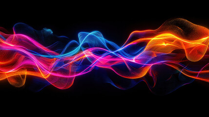 A vibrant neon abstract composition featuring glowing lines against a deep black background, creating a striking visual contrast and dynamic energy.
