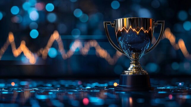 Golden trophy with a rising graph, representing success, achievement, reward, business accomplishment