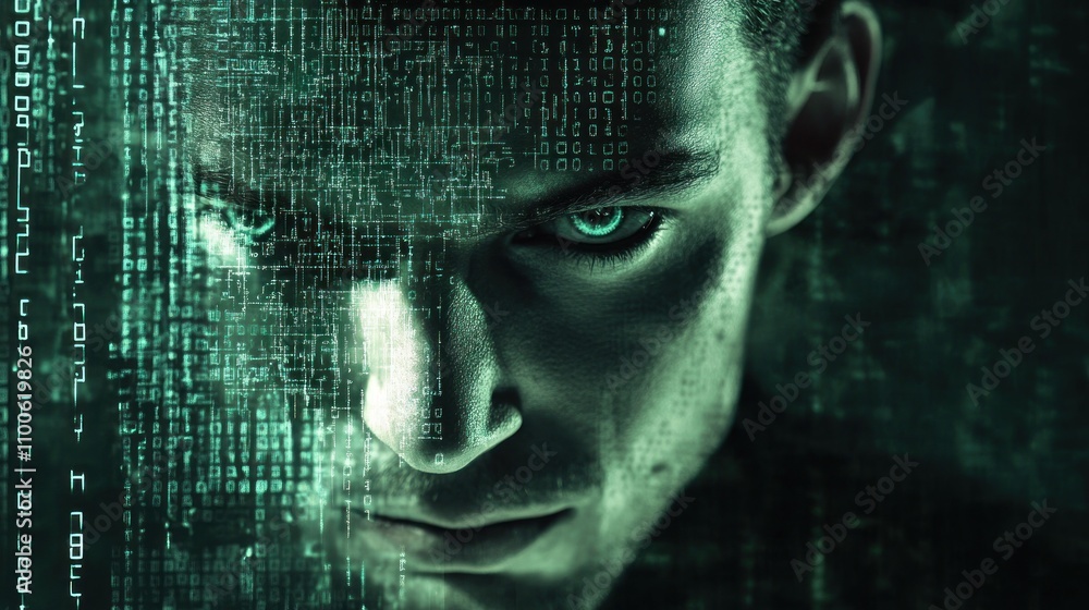 Poster cyberpunk hacker: digital identity melds with reality