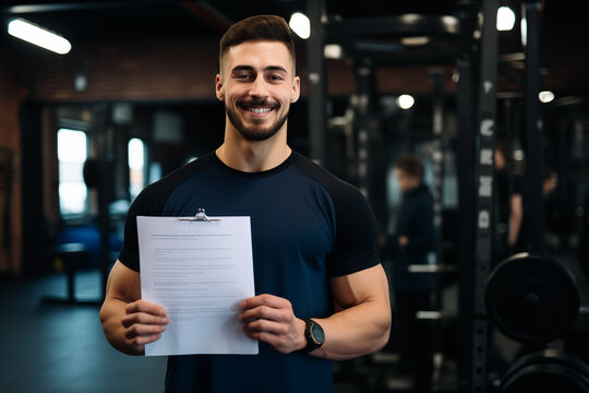 Smiling fitness instructor ready with training plan in hand, welcoming new clients in a professional gym
