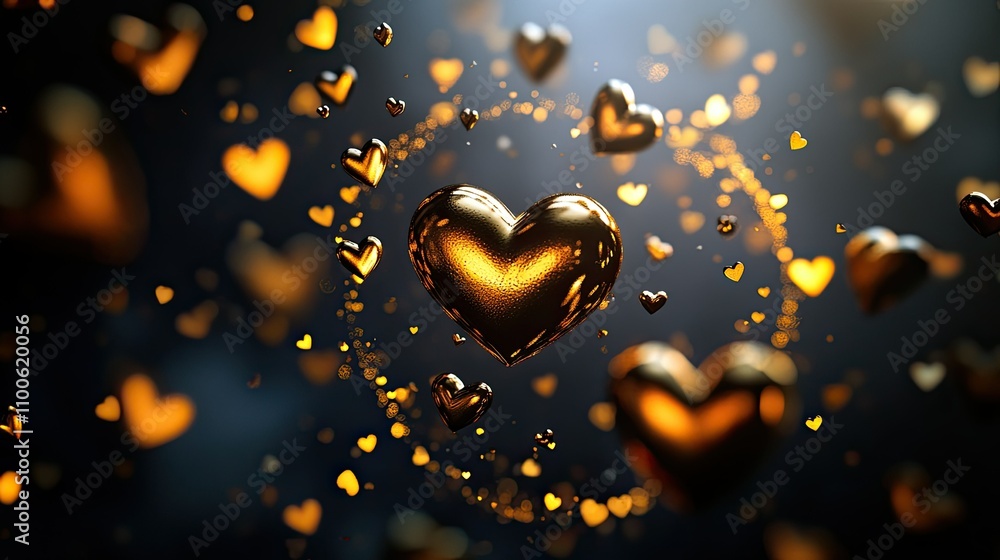 Poster floating golden hearts with soft glow and sparkles in dark background
