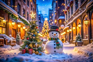 Obraz premium Charming Snowman Amid Winter Wonderland on Festive City Street Surrounded by Beautiful Lights and Snowy Trees Capturing the Essence of Holiday Cheer and Joyful Atmosphere