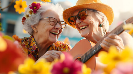 LGBTQ elderly couple lifestyle. Two joyful elderly women playing guitar together, surrounded by vibrant flowers, radiating happiness and friendship in a sunny setting.