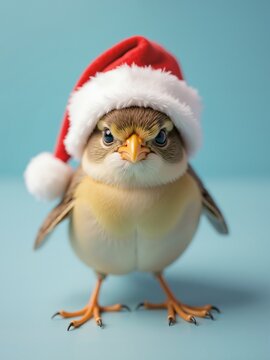 Grumpy bird wearing santa hat posing on blue background