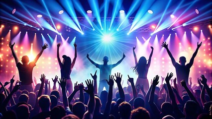 Fototapeta na wymiar Cheerful Crowd Celebrating at a Concert: Hands Raised in Applause and Joyful Energy, Night Photography of Enthusiastic Audience Silhouettes Capturing the Spirit of Togetherness