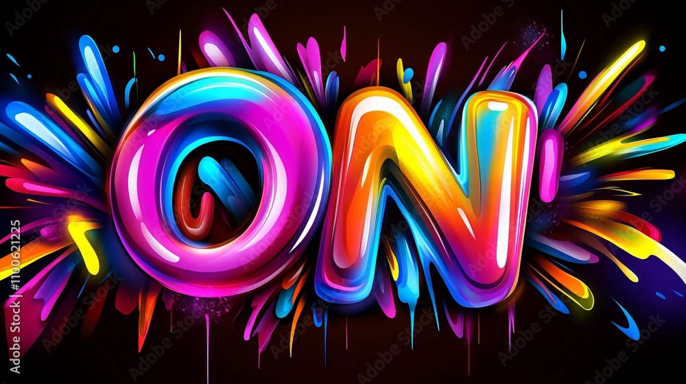 Poster a vibrant and colorful 'on' artwork featuring glossy, 3d letters surrounded by dynamic splashes of c