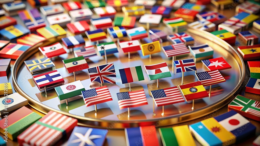 Poster circular representation of all national flags of the world with country names in a tilt-shift photog