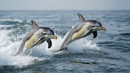Obraz premium A pair of dolphins leaps gracefully through ocean waves, showcasing the beauty of nature and the vibrant life beneath the sea.