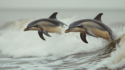 Obraz premium A pair of dolphins leaps gracefully through ocean waves, showcasing the beauty of nature and the vibrant life beneath the sea.