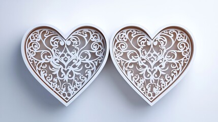 Fototapeta premium Two interlocking hearts with delicate vector patterns, symbol of love, white background