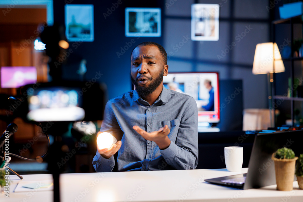 Poster bipoc media star discussing video subject related to home enhancement. internet show host presenting