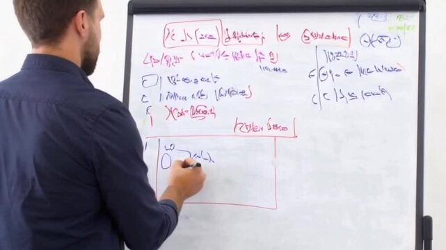 Wide shot of a front-end developer presenting a web project to a team with a blurred whiteboard and design mockups behind