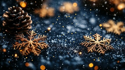 Fototapeta premium Golden Snowflake Ornaments Pine Cone Winter Scene