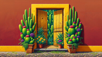 Traditional mexican Colonial house door, cactus flowers and nopales Mexico style detailed illustration, wood door and plants, home garden