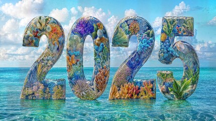 Large letters "2025" made from positive images of a climate aware future, natural elements, fresh air, clean water 