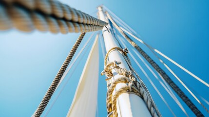 Obraz premium A sailing mast with a focus on the rigging, outdoor setting with a clear blue sky, Nautical style