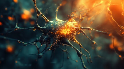 Microscopic Neuron Cell,Intricate Neural Network, Glowing Synapses, Cellular Structure, Scientific Visualization, Biomedical Illustration,  High-Resolution Image