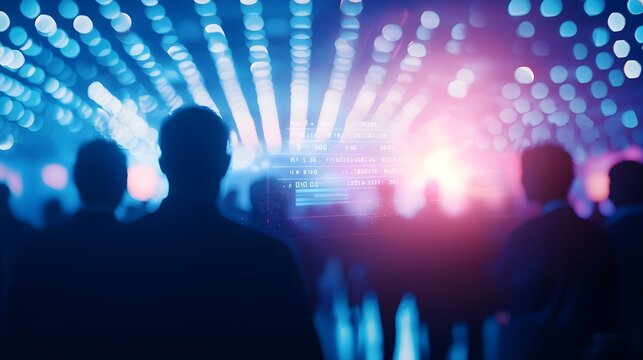 Group of business people mingling at a tech conference, holographic name displays floating around, neon blue and pink lighting creating a cyberpunk vibe, digital art