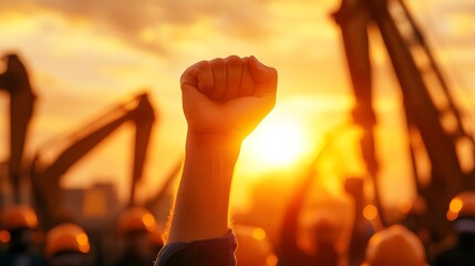 Industrial workers raising a clenched fist symbol at dawn, silhouetted against the rising sun, large machinery framing the scene, determination in every detail