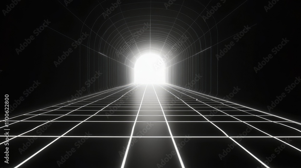 Poster bright tunnel with grid lines in a dark background space