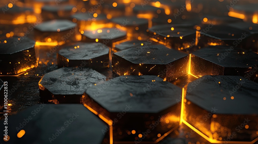 Poster glowing hexagonal tiles with dark texture and dynamic lighting effects