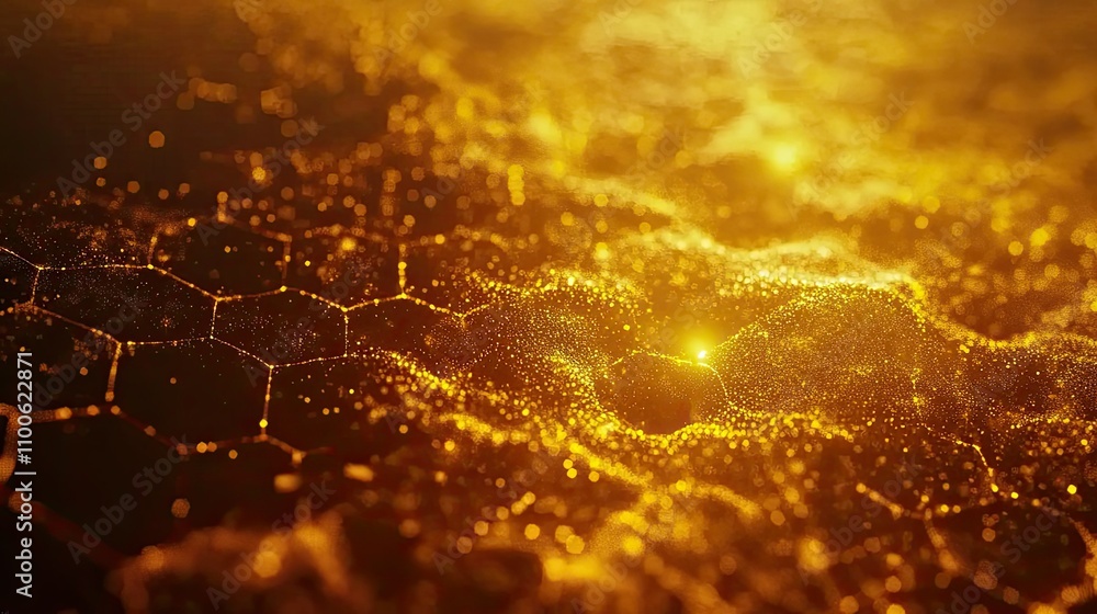 Poster abstract golden hexagonal pattern with glowing particles and waves