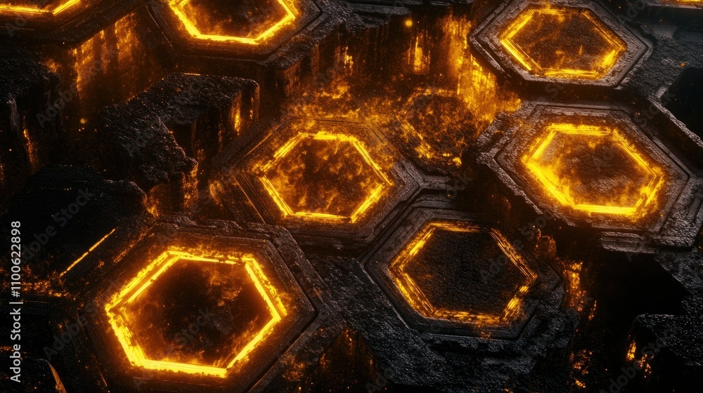 Poster glowing hexagonal patterns with fiery orange and black background
