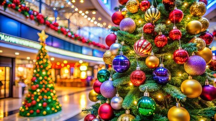 Fototapeta premium Close-Up of a Beautifully Decorated Christmas Tree with Colorful Ornaments in a Modern Shopping Mall Setting, Perfect for Holiday-Themed Visuals and Festive Marketing Campaigns