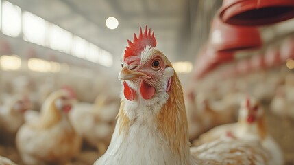 Close-up of a white chicken inside a farm, showcasing its red comb and wattles.