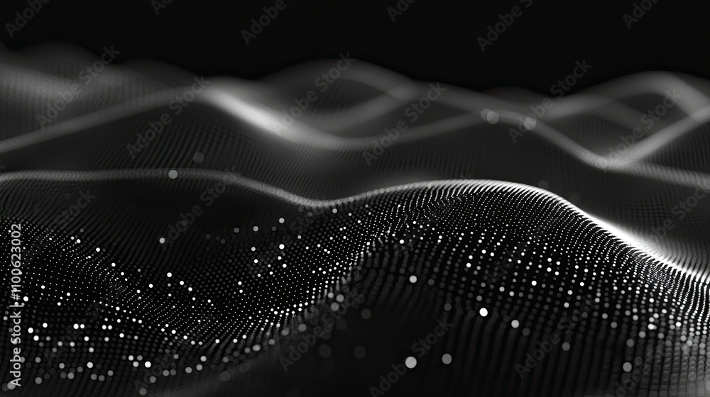 Poster abstract digital waves with glowing particles on dark background
