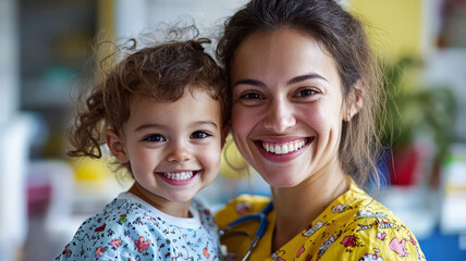 A pediatric nurse smiling warmly while gently caring for a child in a hospital bed, creating a nurturing and comforting atmosphere in a healthcare setting.