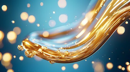 Splashing golden oil, vibrant reflections in glass, dynamic energy, crystal-clear background