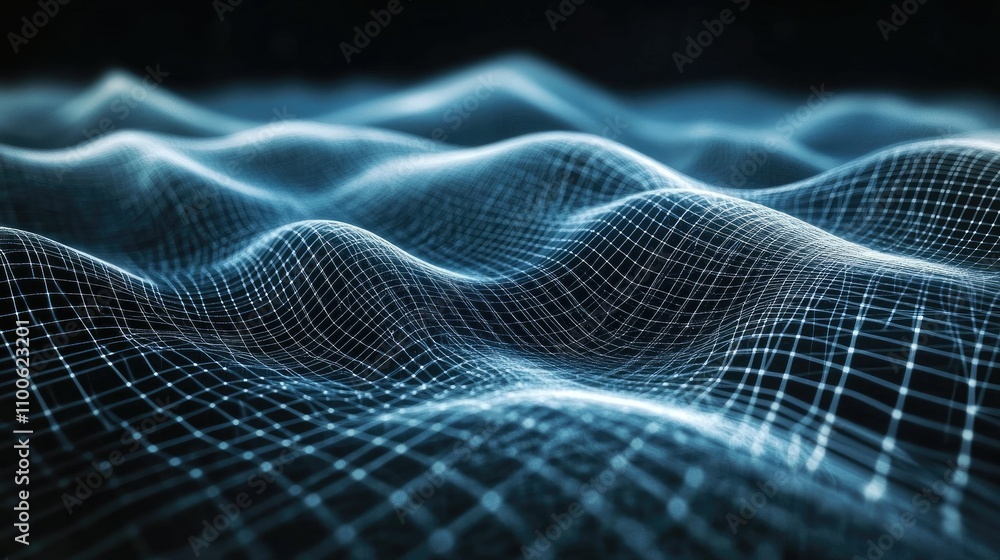 Poster abstract waves with network grid in digital ocean style design