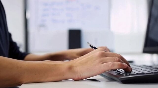 Medium shot of a front-end developer coding with JavaScript in a workspace with brainstorming whiteboards and screens blurred in the background