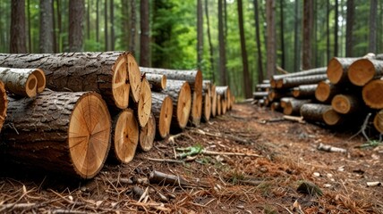 Stacked logs in a forest.