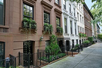 New York City, row of traditional brownstone townhouses