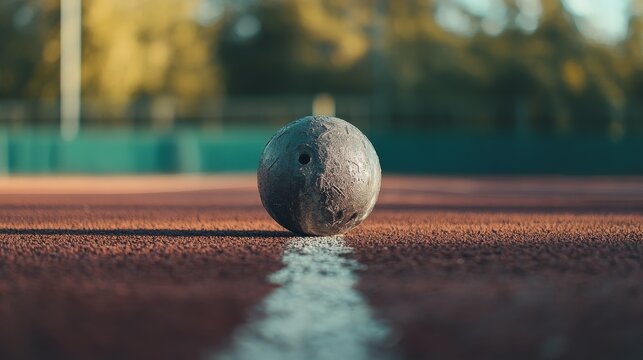 A shot put with a focus on the metal surface and weight, outdoor setting on a field, Minimalist style